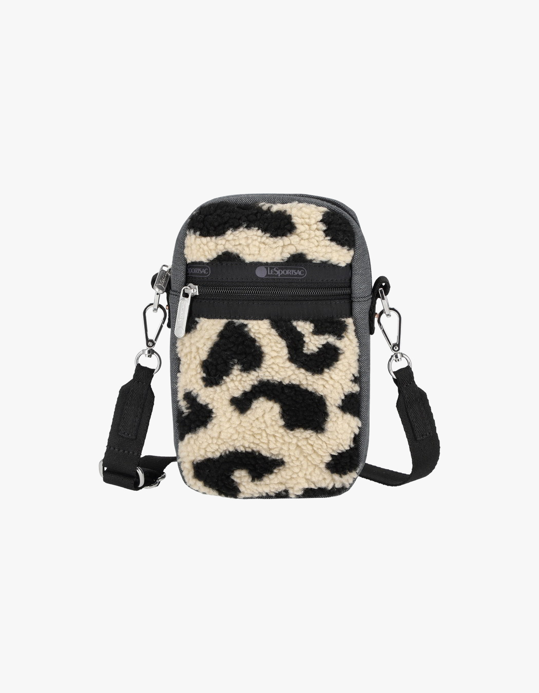 ★LeSportsac★ Black Denim/Leopard Sherpa Mini N/S Tote Bag Small Two-Way Denim Tote - Black Denim/Leopard Sherpa